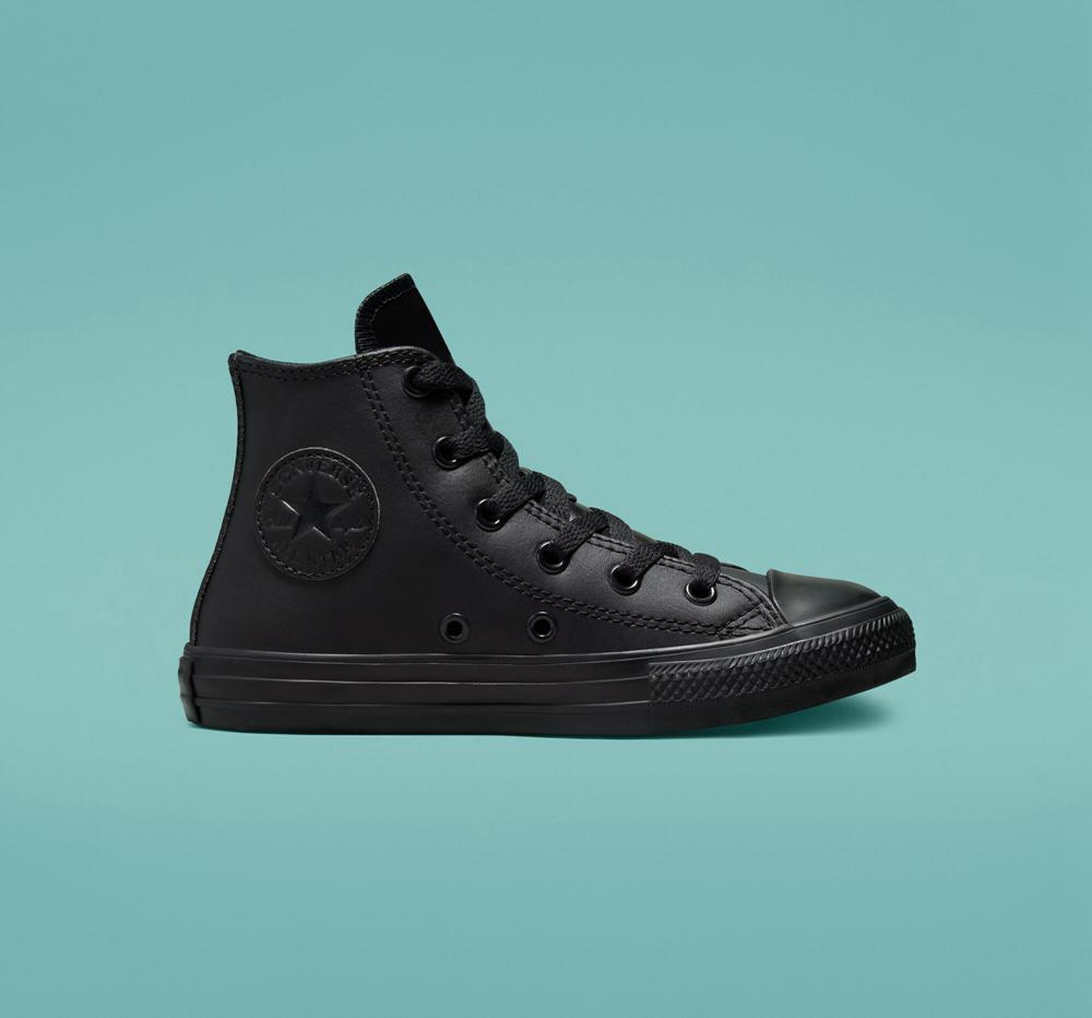 Black / Black / Black Girls' Converse Chuck Taylor All Star Leather Little Kids High Tops India | FYPB-14286