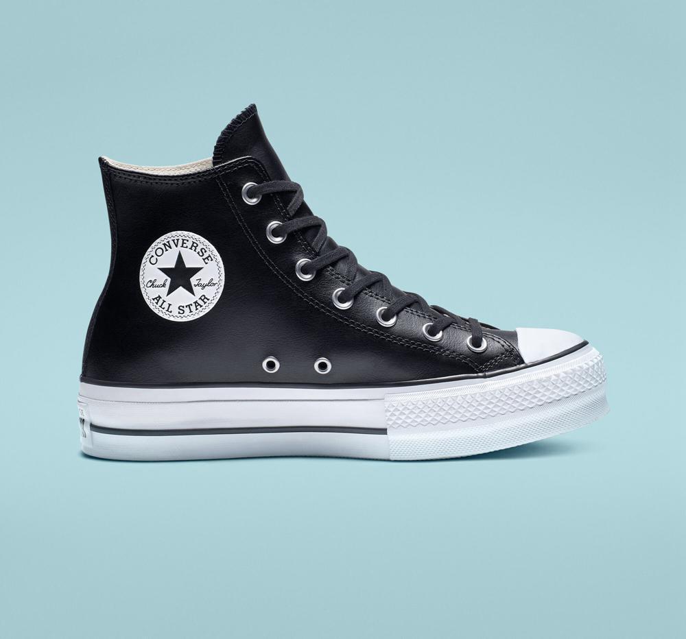 Black / Black / White Women's Converse Chuck Taylor All Star Lift Platform Leather High Tops India | VJQX-91743