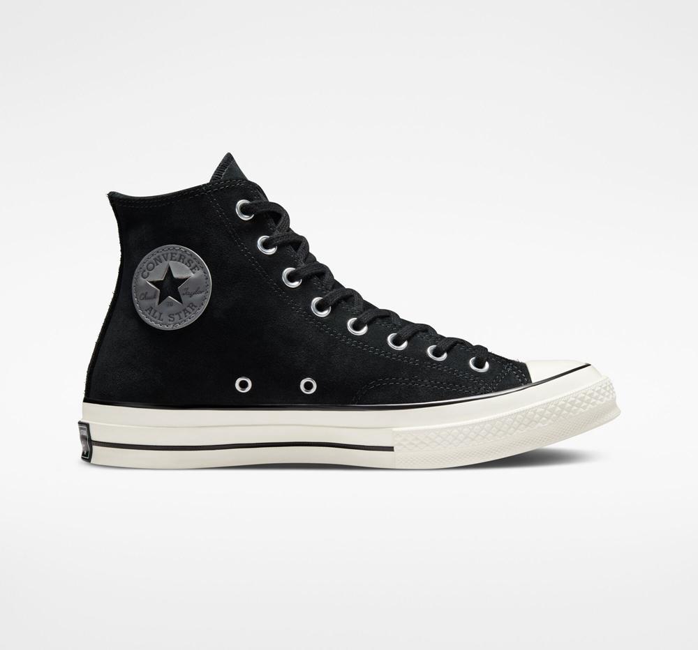 Black / Egret / Black Women's Converse Chuck 70 Suede Unisex High Tops India | PKIE-46127