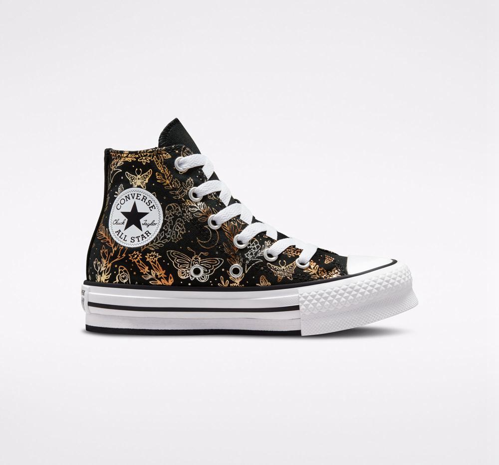 Black / Gold / White Girls' Converse Chuck Taylor All Star Eva Lift Platform Butterfly Shine Little Kids High Tops India | OEXW-36715