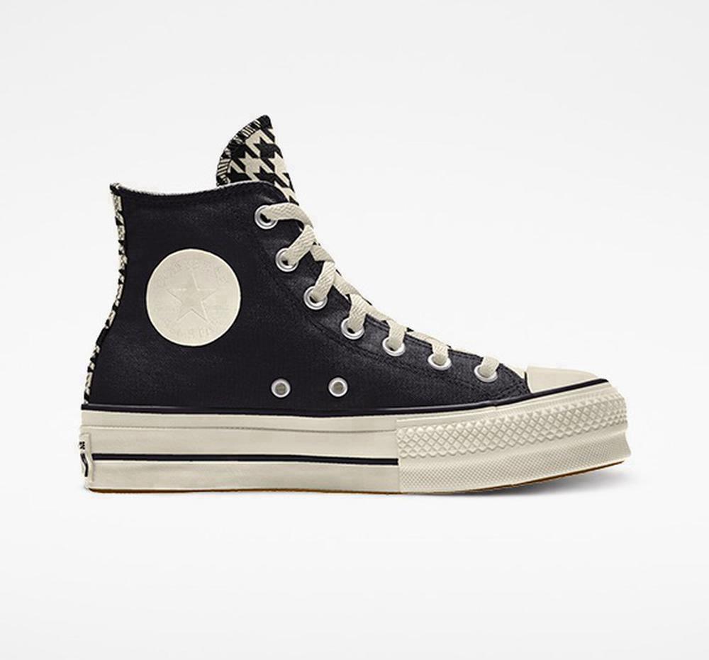 Black Hounds Tooth Women's Converse Custom Chuck Taylor All Star Lift Canvas By You Unisex High Top Platform Shoes India | GKMW-31978