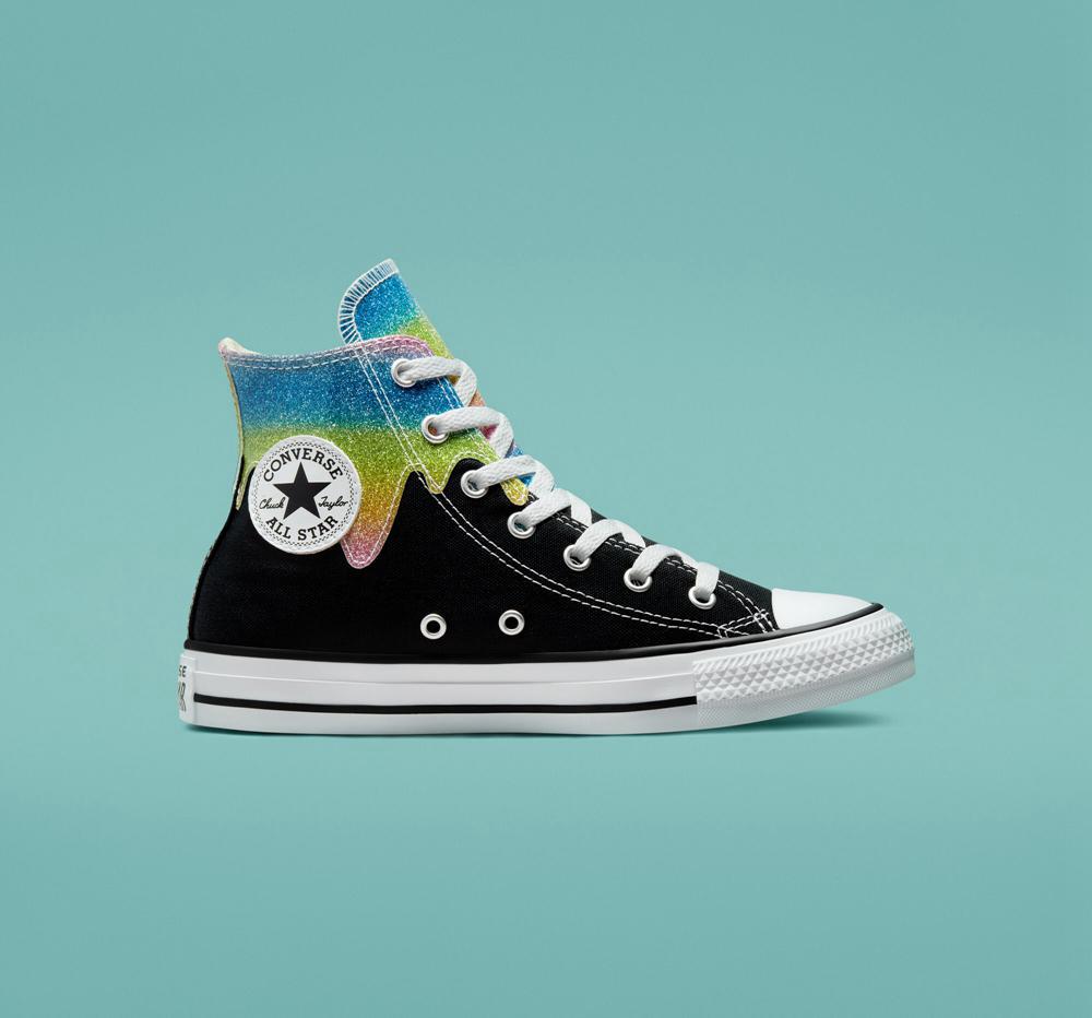 Black / Natural Ivory Girls' Converse Chuck Taylor All Star Glitter Drip Big Kids High Tops India | SRQU-52803