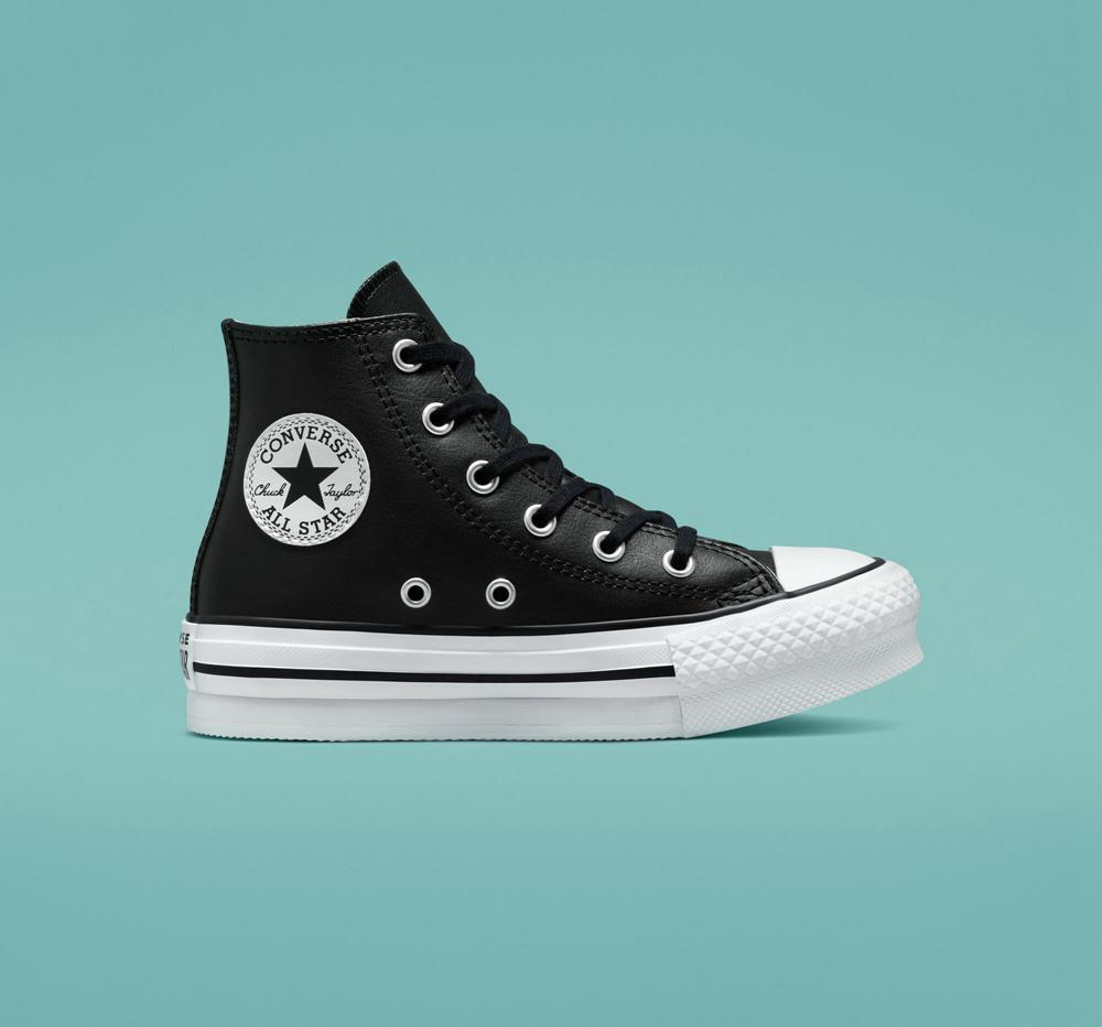 Black / Natural Ivory / White Girls' Converse Chuck Taylor All Star Lift Platform Leather Little Kids High Tops India | BIUN-17649