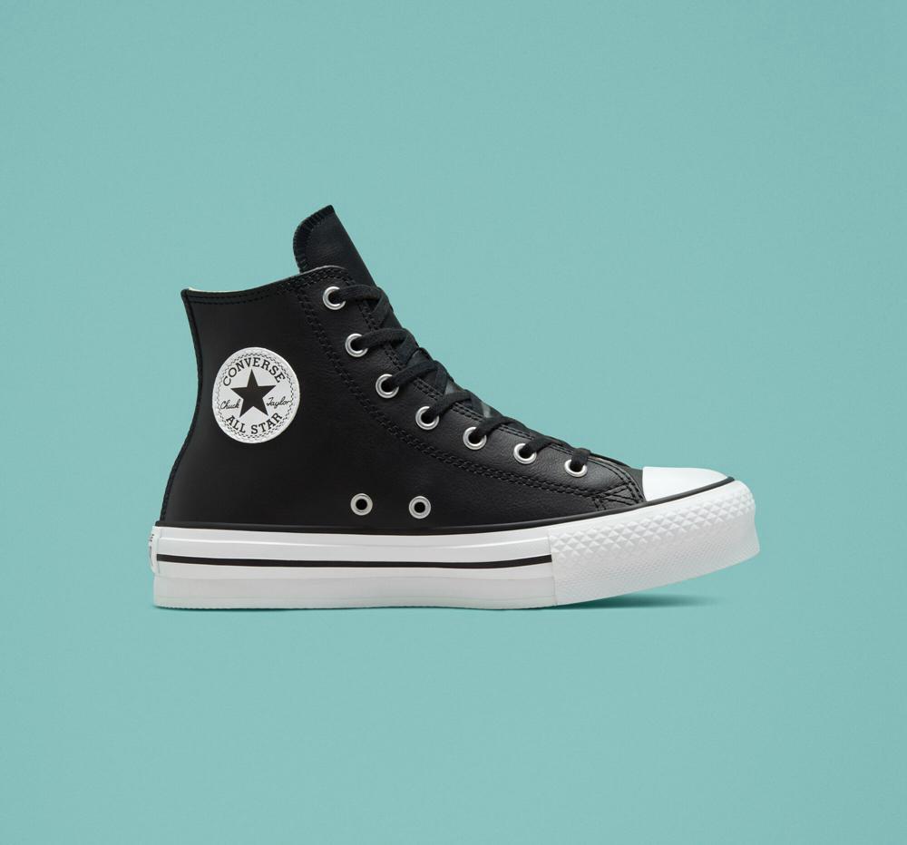 Black / Natural Ivory / White Girls' Converse Chuck Taylor All Star Lift Platform Leather Big Kids High Tops India | FAYK-57084