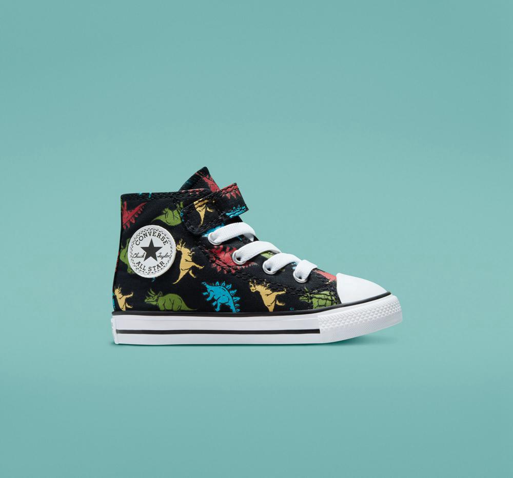 Black / Soft Red / Baltic Blue Boys' Converse Chuck Taylor All Star Easy On Dinosaurs Toddler High Tops India | WCNI-61923