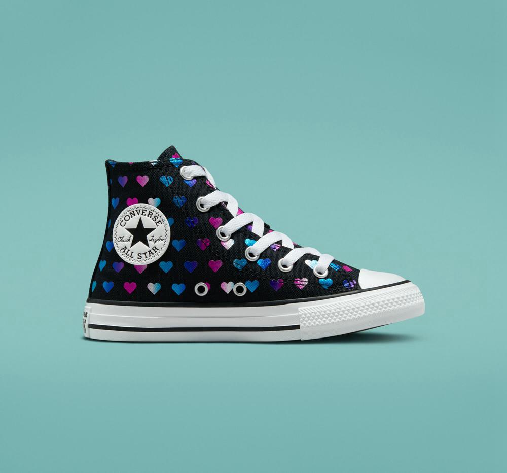 Black / White / Pink Girls' Converse Chuck Taylor All Star Foil Hearts Little Kids High Tops India | YSZC-64810