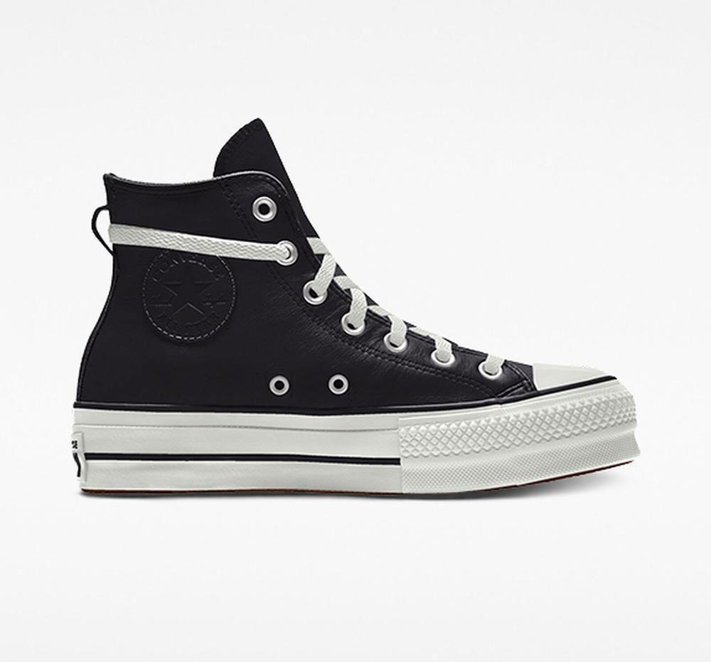 Black Women's Converse Custom Chuck Taylor All Star Lift Leather By You Unisex High Top Platform Shoes India | ZMQE-40672