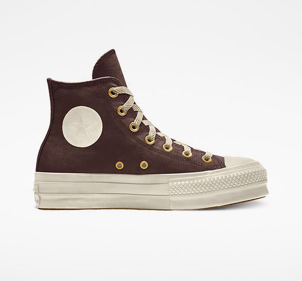 Brown Dark Root Women's Converse Custom Chuck Taylor All Star Lift Canvas By You Unisex High Top Platform Shoes India | AFSD-26159