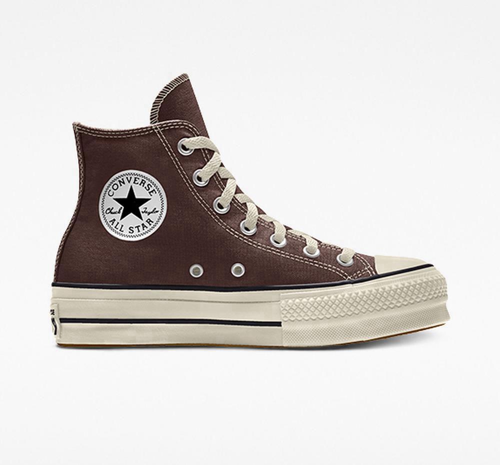 Brown Darkroot Women's Converse Custom Chuck Taylor All Star Lift Canvas By You Unisex High Top Platform Shoes India | ROFW-96127