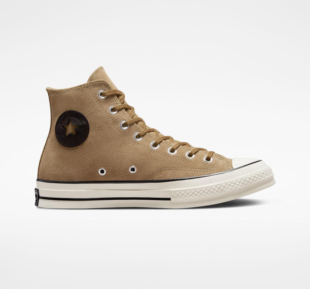 Brown Sand Dune / Egret / Black Men's Converse Chuck 70 Suede Unisex High Tops India | NMAZ-65839