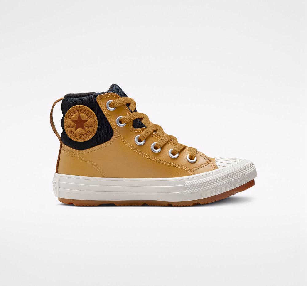 Brown Wheat / Black / Pale Putty Boys' Converse Leather Chuck Taylor All Star Berkshire Boot Color Little Kids High Tops India | RKZH-79618