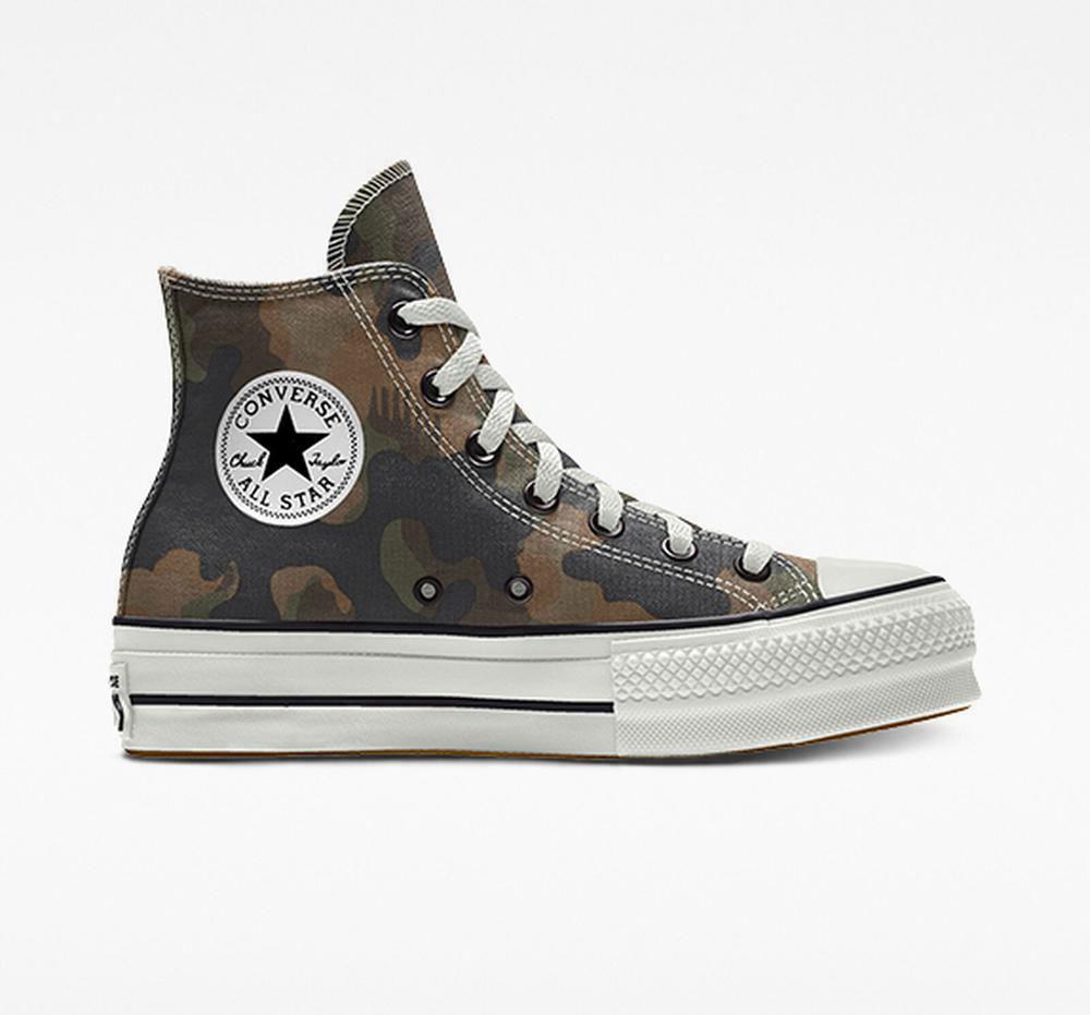 Camo Women's Converse Custom Chuck Taylor All Star Lift Canvas By You Unisex High Top Platform Shoes India | ECAX-84301