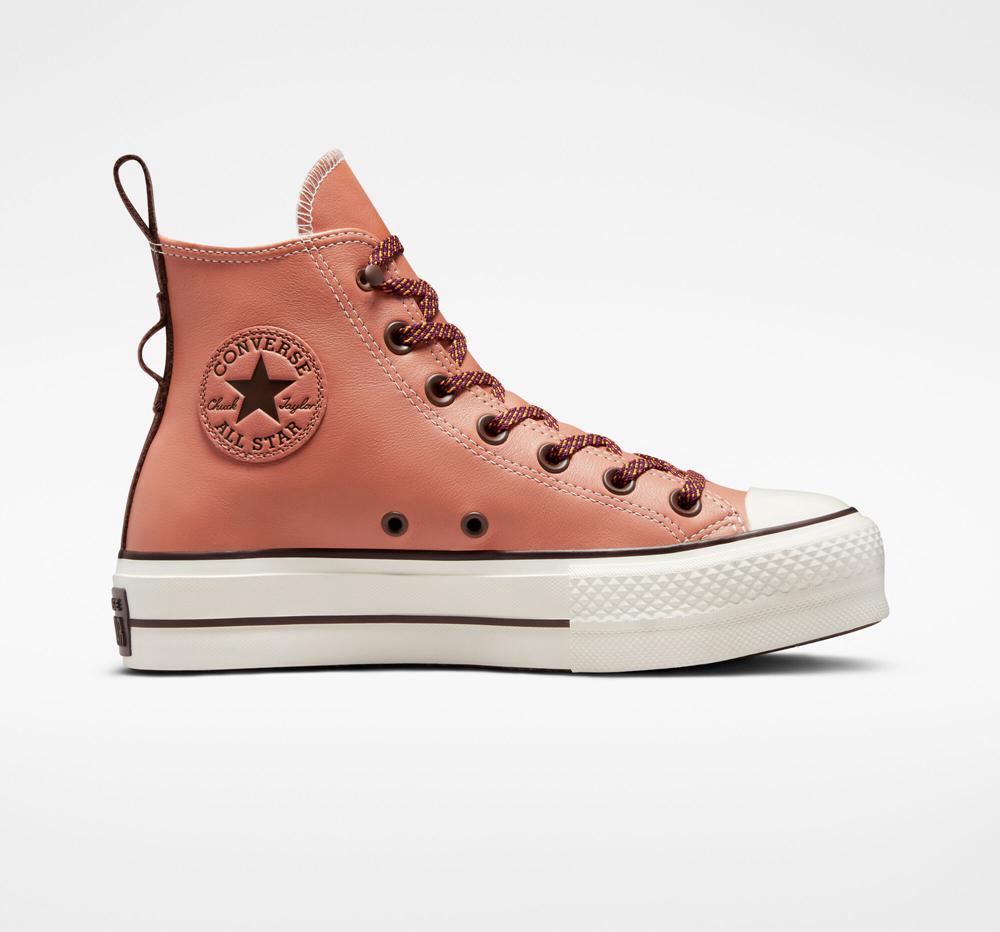 Coral Terra Blush / Egret / Dark Root Women's Converse Chuck Taylor All Star Lift Tonal Leather High Top Platform Shoes India | YDJZ-65421