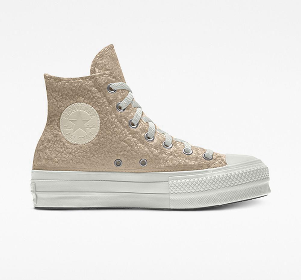 Gold Farro Women's Converse Custom Sherpa Chuck Taylor All Star By You Unisex High Top Platform Shoes India | CBPJ-09467