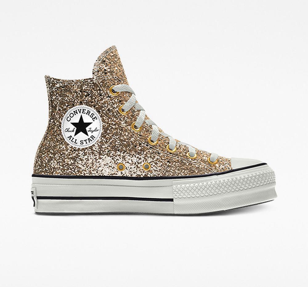 Gold Women's Converse Custom Chuck Taylor All Star Lift Glitter By You High Top Platform Shoes India | HXRI-16075