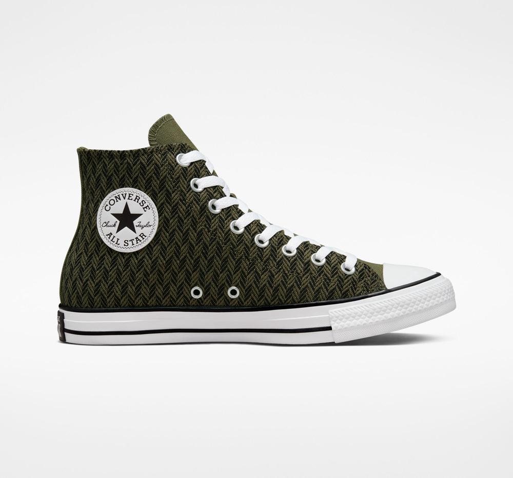 Green Converse Utility / Black / White Men's Converse Chuck Taylor All Star Herringbone Unisex High Tops India | FGIL-08129