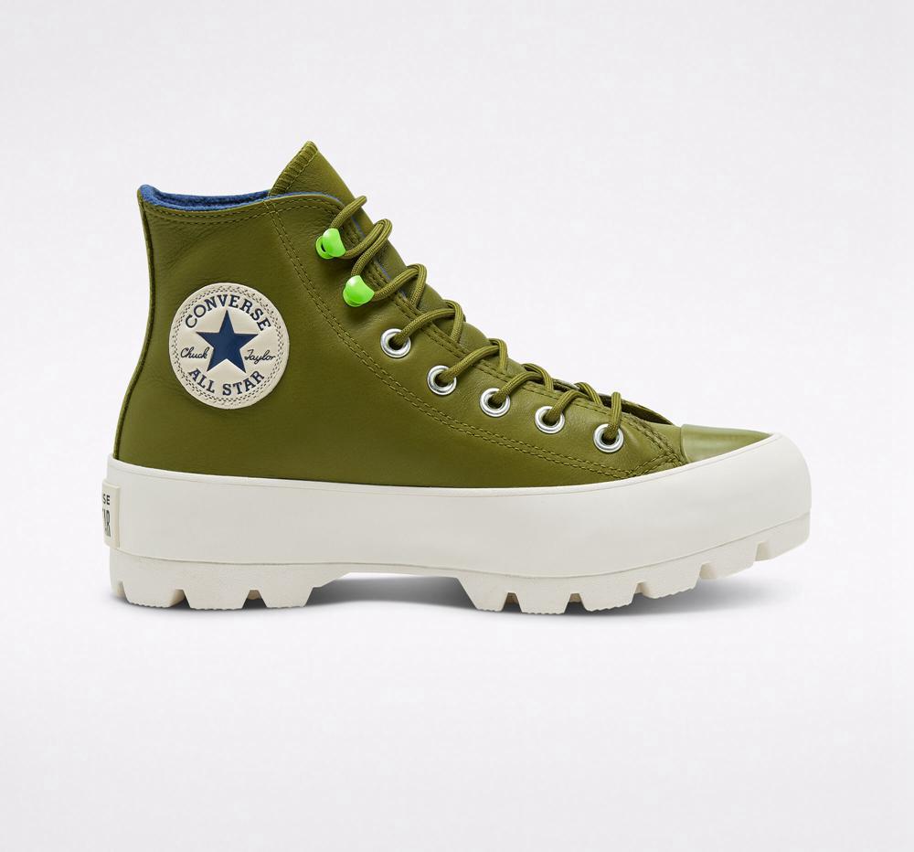 Green Dark Moss / Navy / Egret Women's Converse Chuck Taylor All Star Lugged Winter High Tops India | HVXG-17493