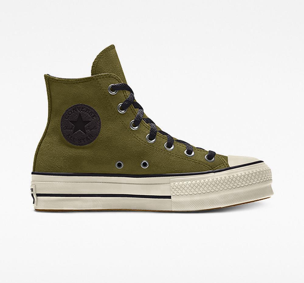 Green Dark Moss Women's Converse Custom Chuck Taylor All Star Lift Suede By You Unisex High Top Platform Shoes India | TOPZ-86091