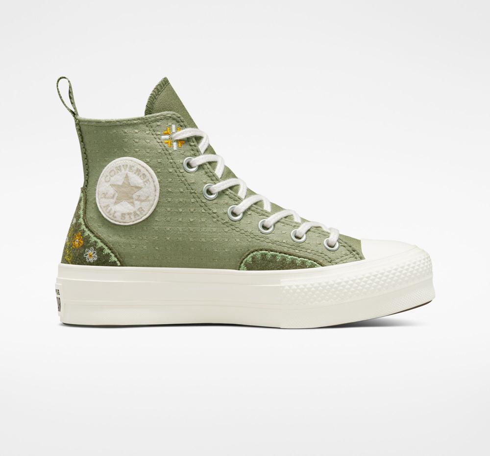 Green Light Field Surplus / Utility Women's Converse Chuck Taylor All Star Lift Autumn Embroidery High Top Platform Shoes India | RYST-27381