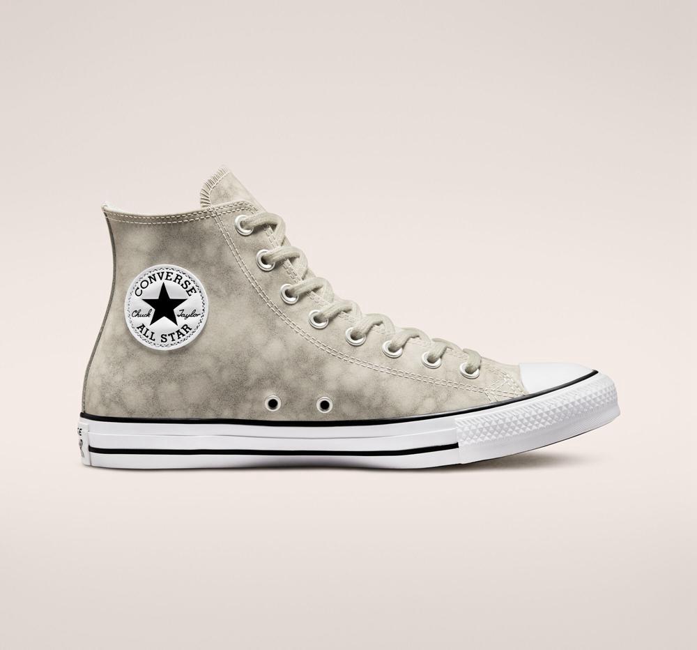 Grey / Light Bone / Papyrus Men's Converse Chuck Taylor All Star Distressed Leather Unisex High Tops India | KBAN-28493