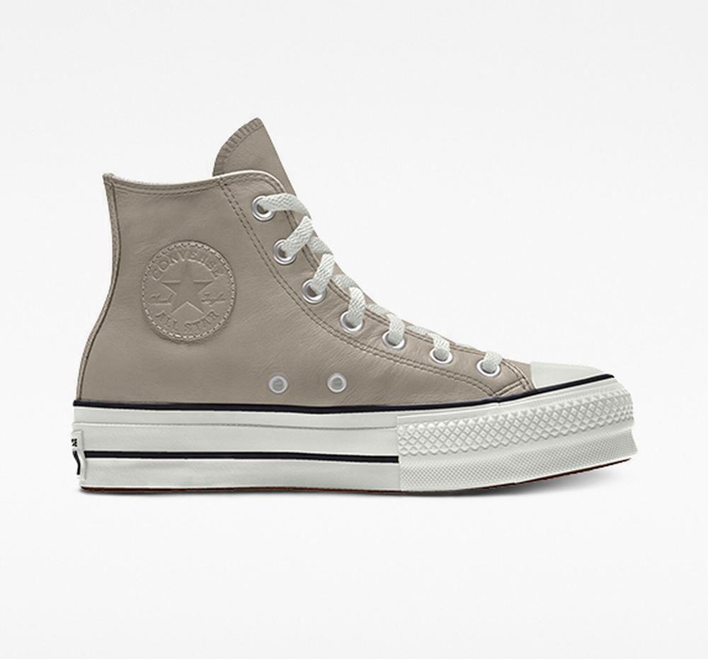 Grey Papyrus Women's Converse Custom Chuck Taylor All Star Lift Leather By You Unisex High Top Platform Shoes India | MEVD-10976