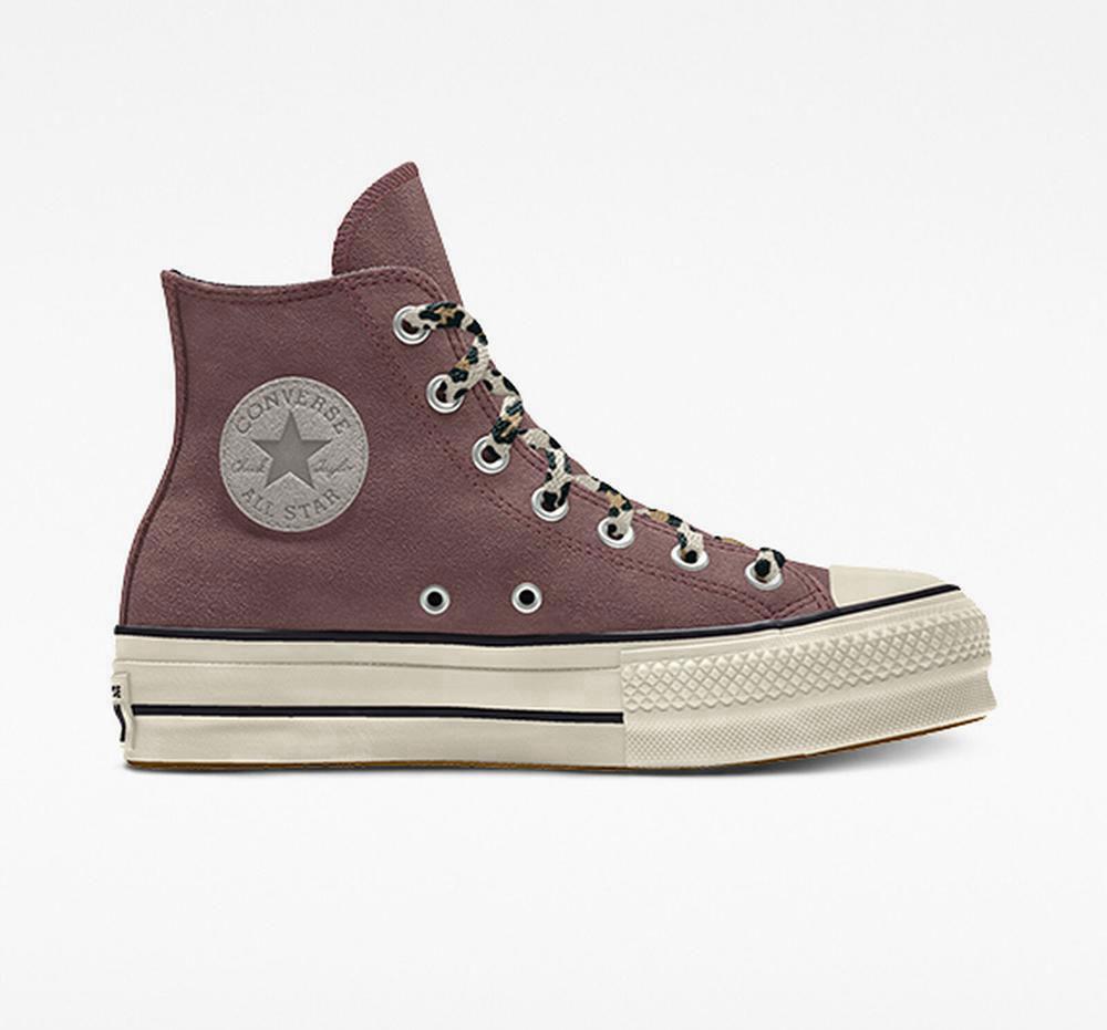 Grey Saddle Women's Converse Custom Chuck Taylor All Star Lift Suede By You Unisex High Top Platform Shoes India | KFOG-07586