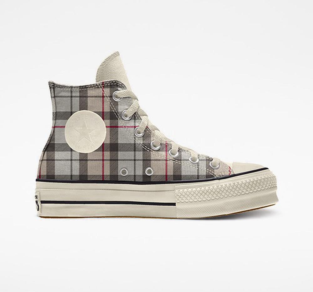 Grey Winter Plaid Women's Converse Custom Chuck Taylor All Star Lift Canvas By You Unisex High Top Platform Shoes India | IWDZ-08259