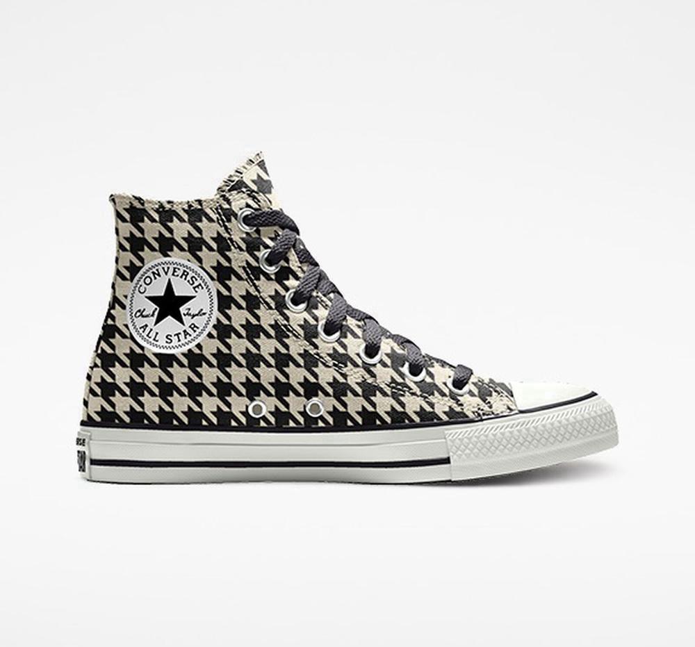 Hounds Tooth Black / Beige Men's Converse Custom Chuck Taylor All Star By You Unisex High Tops India | NGKR-30152