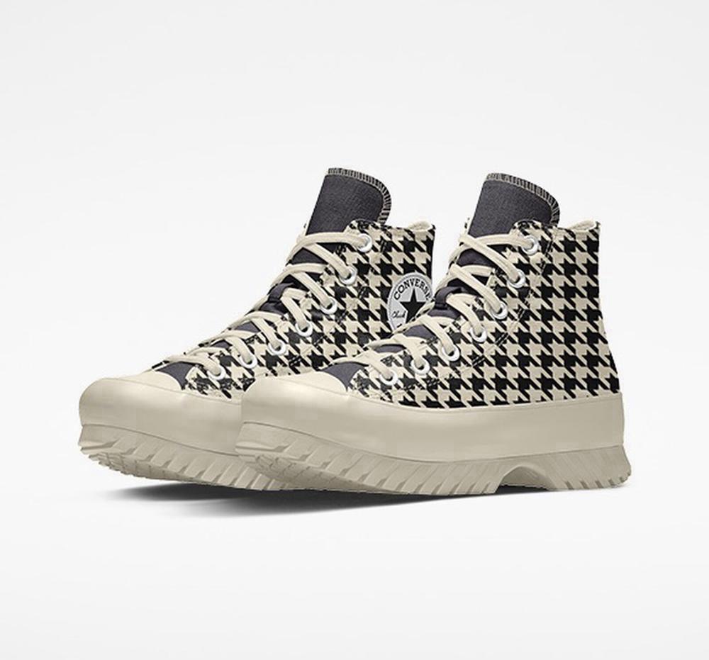 Hounds Tooth Black / Beige Women's Converse Custom Chuck Taylor All Star Lugged Platform By You Unisex High Tops India | BJQM-06185