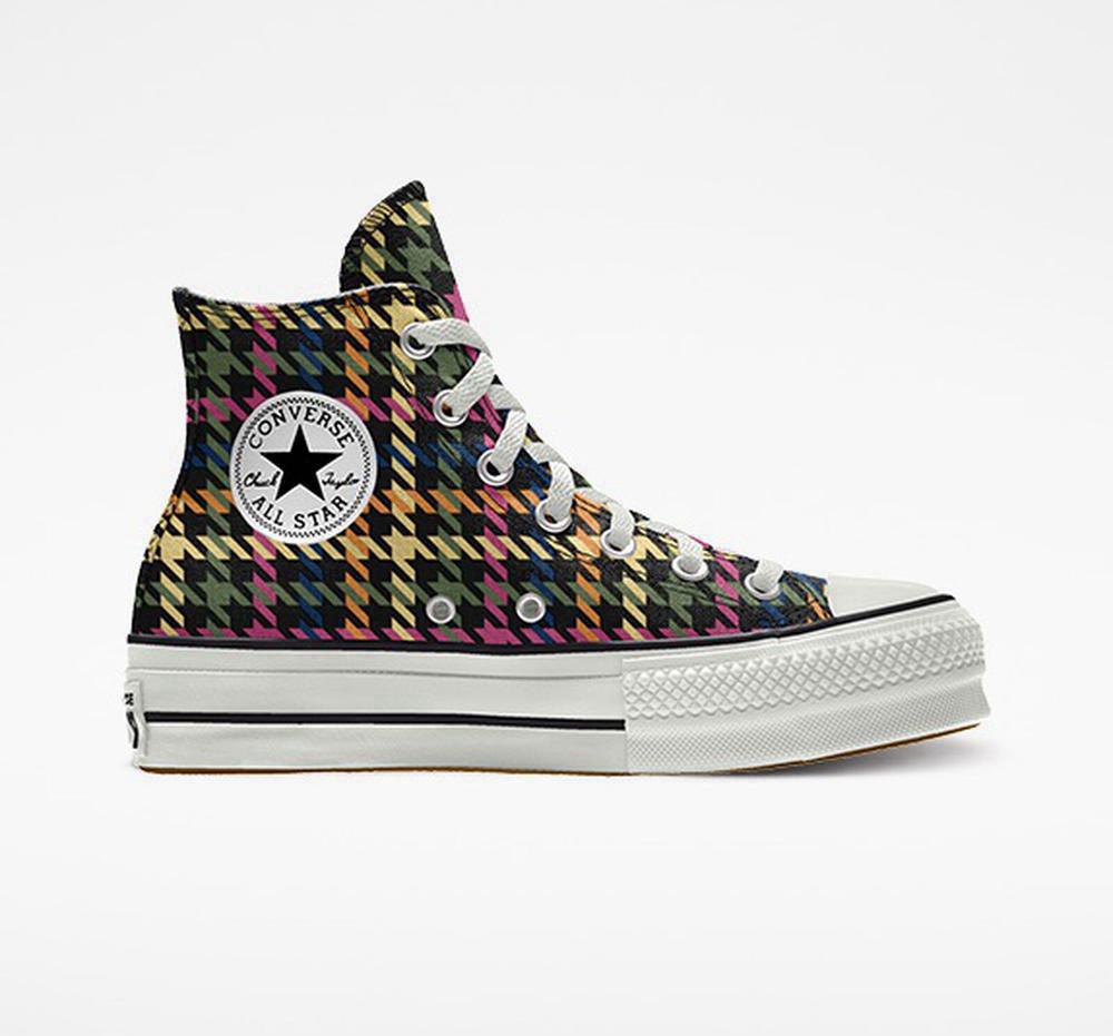 Hounds Tooth Black / Beige Women's Converse Custom Chuck Taylor All Star Lift Canvas By You Unisex High Top Platform Shoes India | FEMR-46019