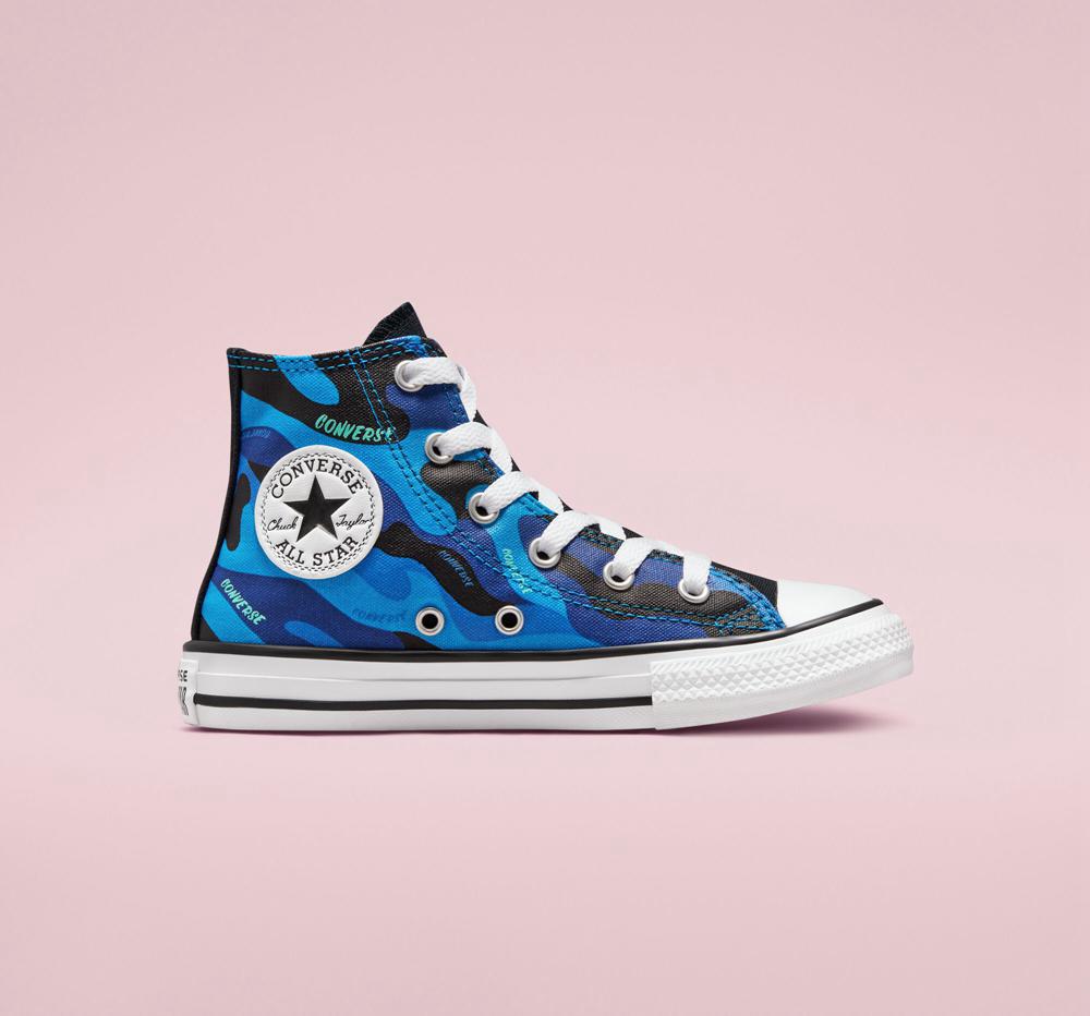 Kinetic Blue / Black / White Boys' Converse Hybrid Camo Chuck Taylor All Star Little Kids High Tops India | SWVY-83720