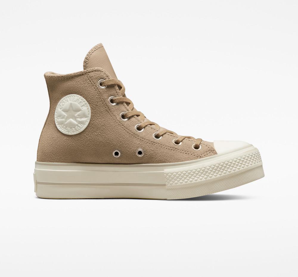 Nomad Khaki / Desert Sand / Egret Women's Converse Chuck Taylor All Star Lift Suede High Top Platform Shoes India | AVCK-03197