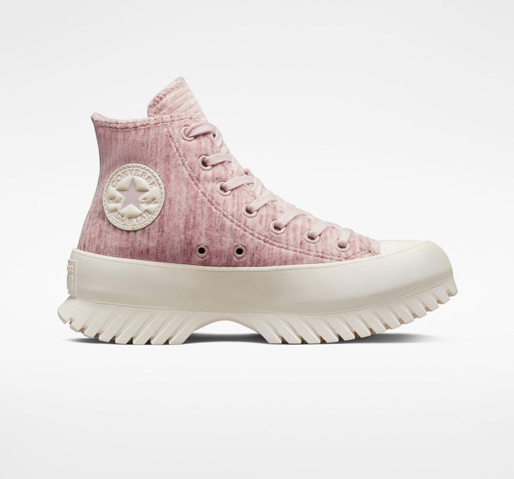 Pink Stone Mauve / Saddle / Egret Women's Converse Chuck Taylor All Star Lugged 2.0 Velour Unisex High Tops India | HWAN-72854