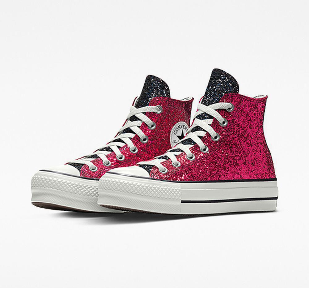 Pinkblack Women's Converse Custom Chuck Taylor All Star Lift Glitter By You High Top Platform Shoes India | WERF-75201