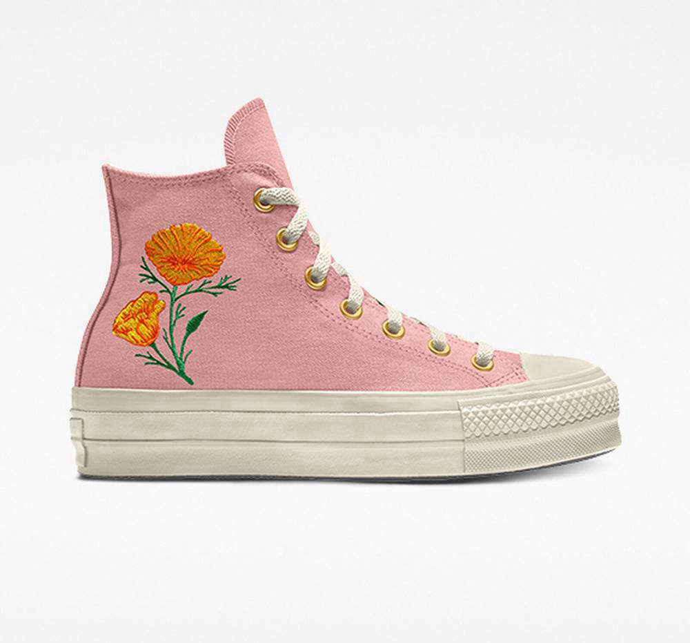 Poppy Pink Women's Converse Custom Chuck Taylor All Star Lift Platform Embroidery By You Unisex High Tops India | MQBH-16870