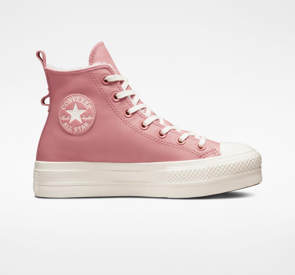 Rust Pink / Egret / Egret Women's Converse Chuck Taylor All Star Lift Lined Leather High Top Platform Shoes India | MSKD-01783