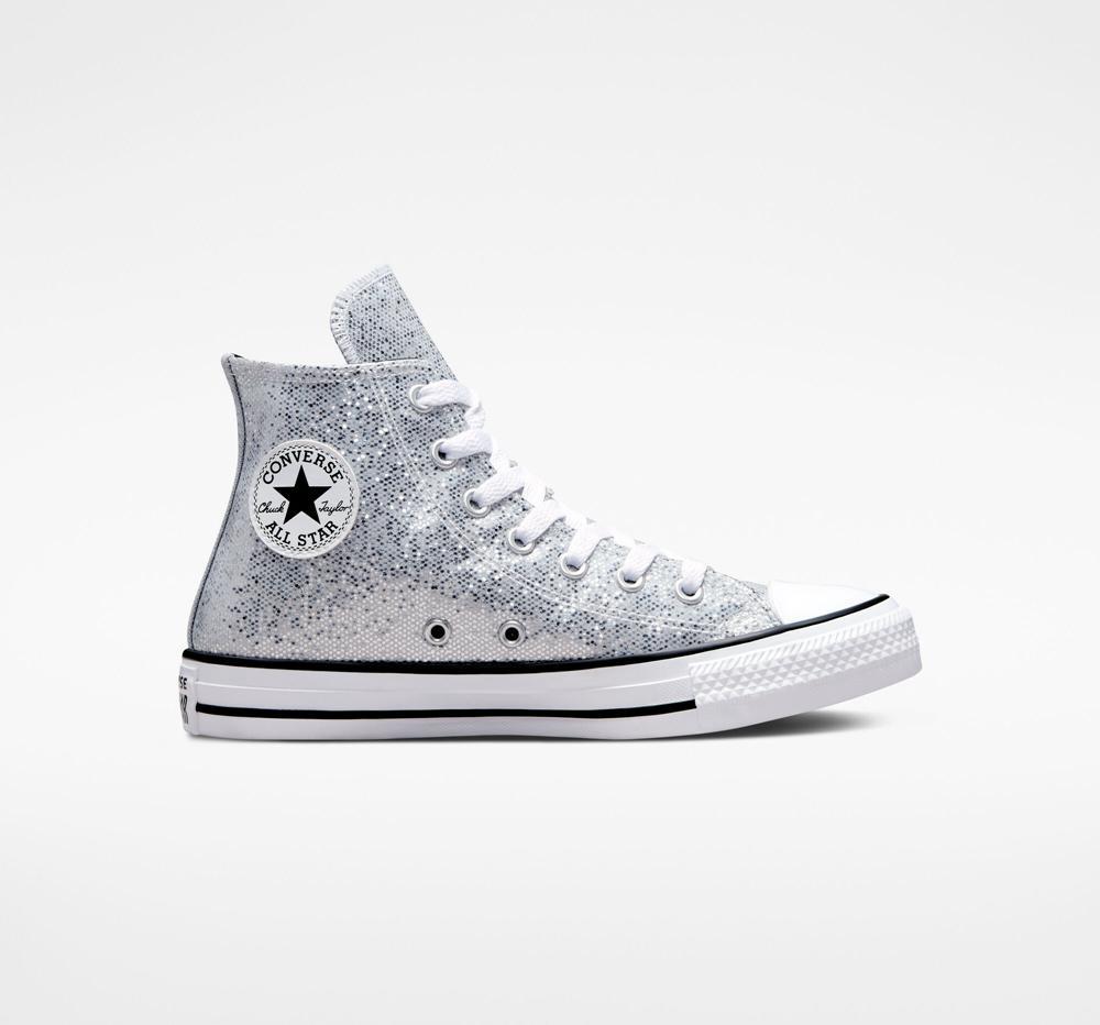 Silver / Ash Stone / Black Girls' Converse Chuck Taylor All Star Glitter Big Kids High Tops India | VRAE-32018