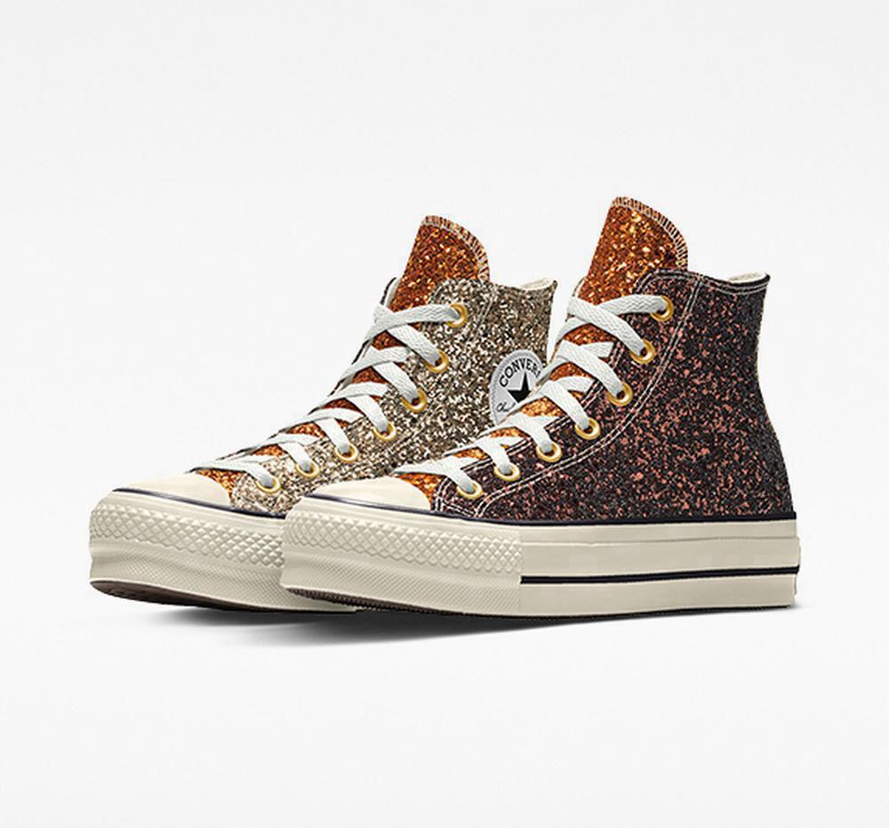 Tripanel Brown Women's Converse Custom Chuck Taylor All Star Lift Glitter By You High Top Platform Shoes India | MOZK-29745