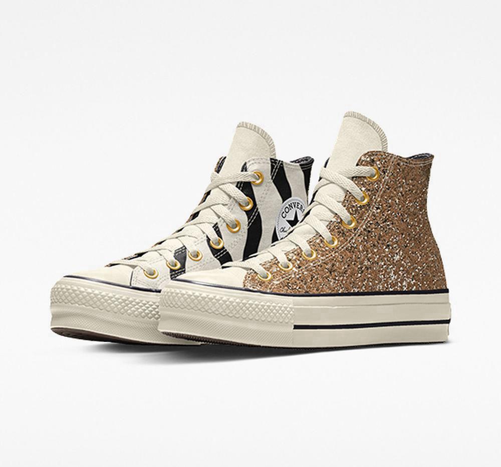 Tripanel Gold Women's Converse Custom Chuck Taylor All Star Lift Glitter By You High Top Platform Shoes India | XRTJ-37149