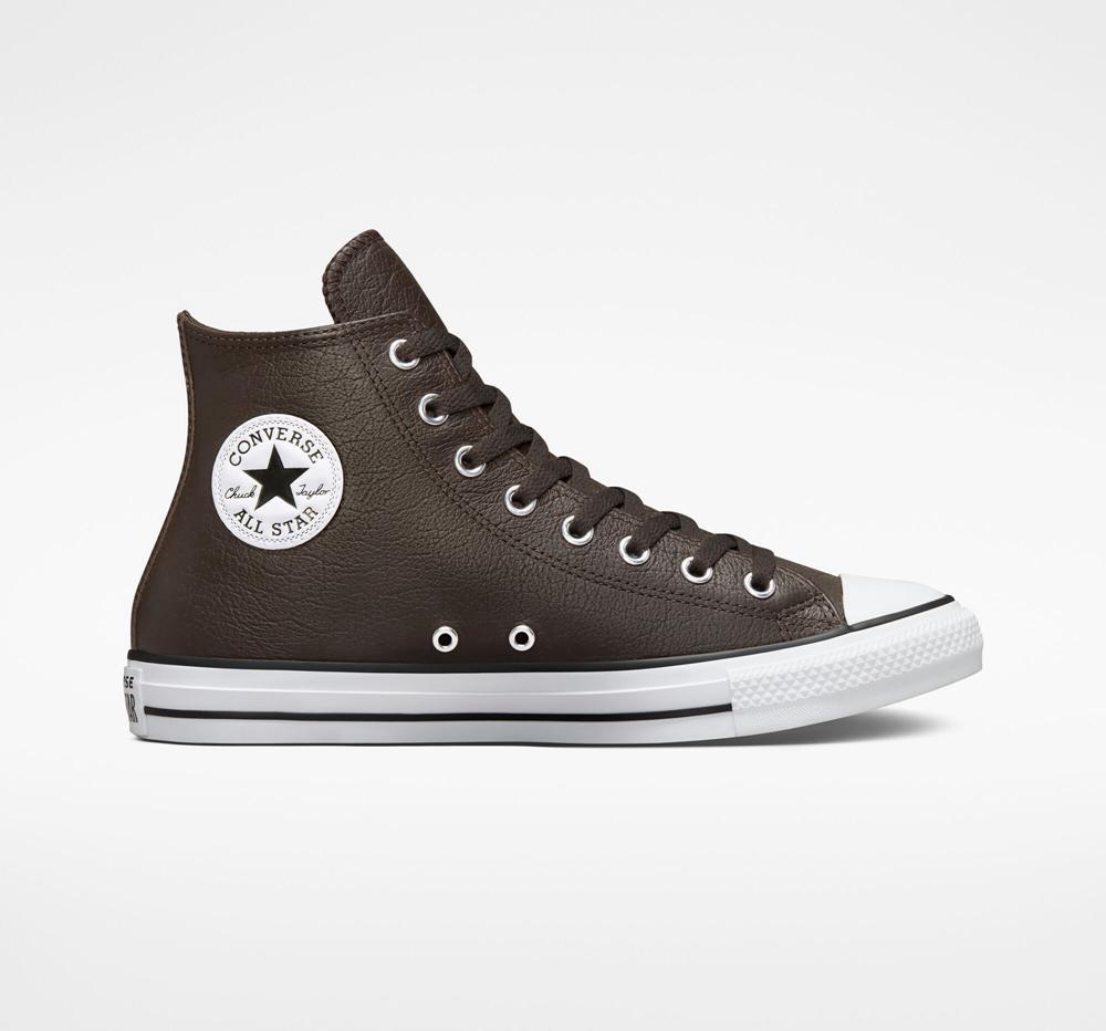 Velvet Brown / White / Black Women's Converse Chuck Taylor All Star Tumbled Leather Unisex High Tops India | RUSF-45863