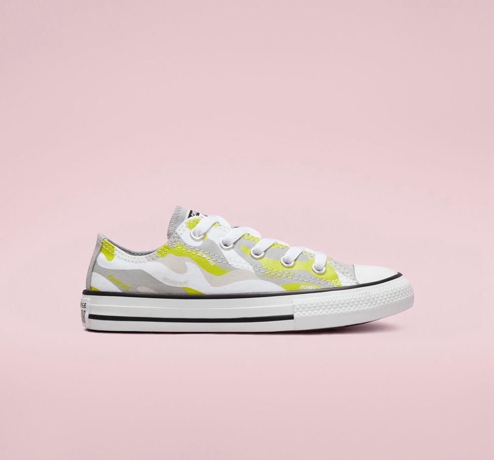 White / Ash Stone / Lime Twist Girls' Converse Hybrid Camo Chuck Taylor All Star Little Kids Low Tops India | KLUY-98760