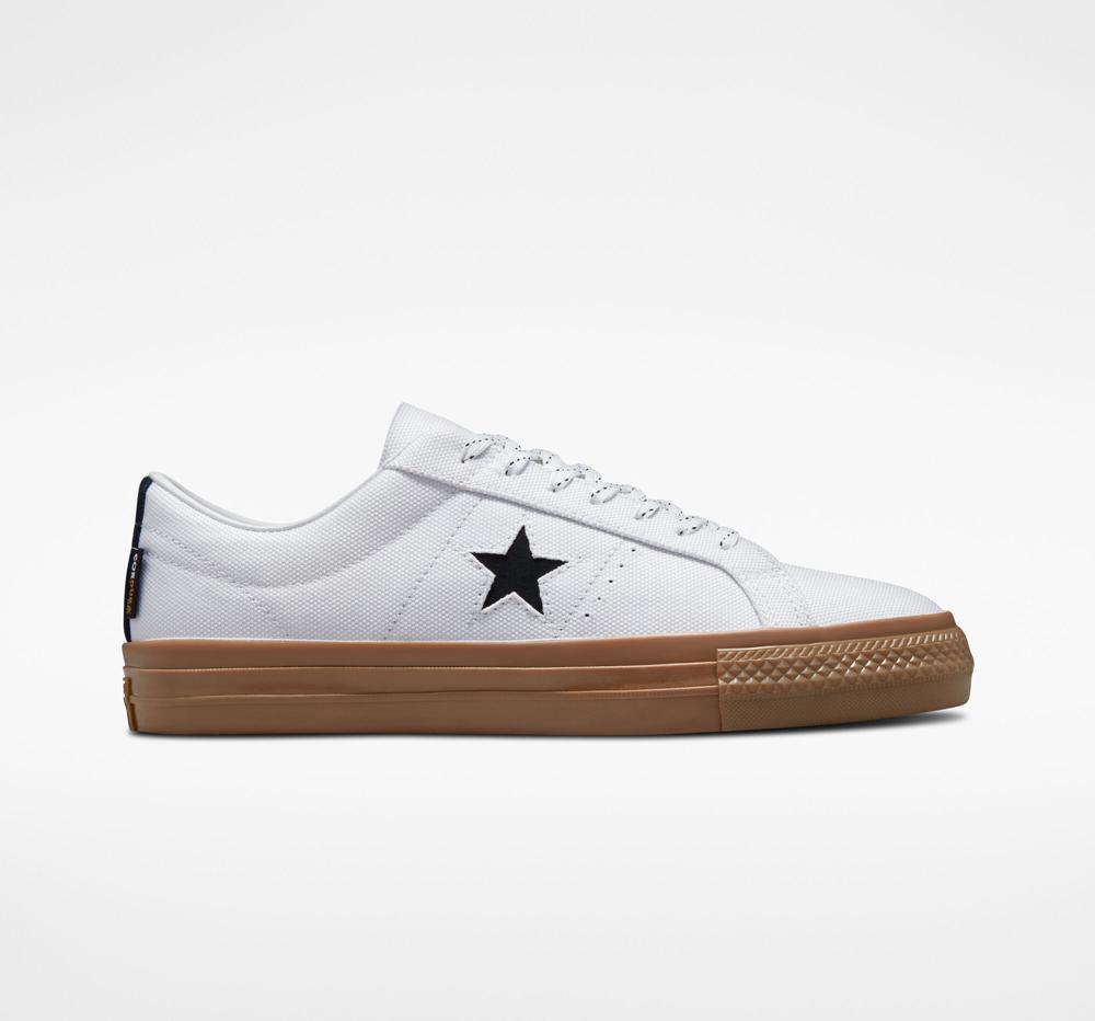 White / Black / Dark Gum Women's Converse One Star Pro Cordura Canvas Skate Low Tops India | UEIV-12560