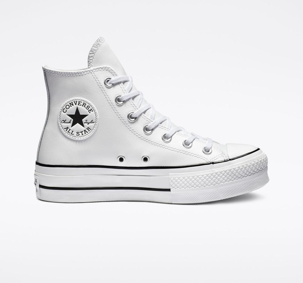 White / Black / White Women's Converse Chuck Taylor All Star Lift Leather High Top Platform Shoes India | FGIN-20653