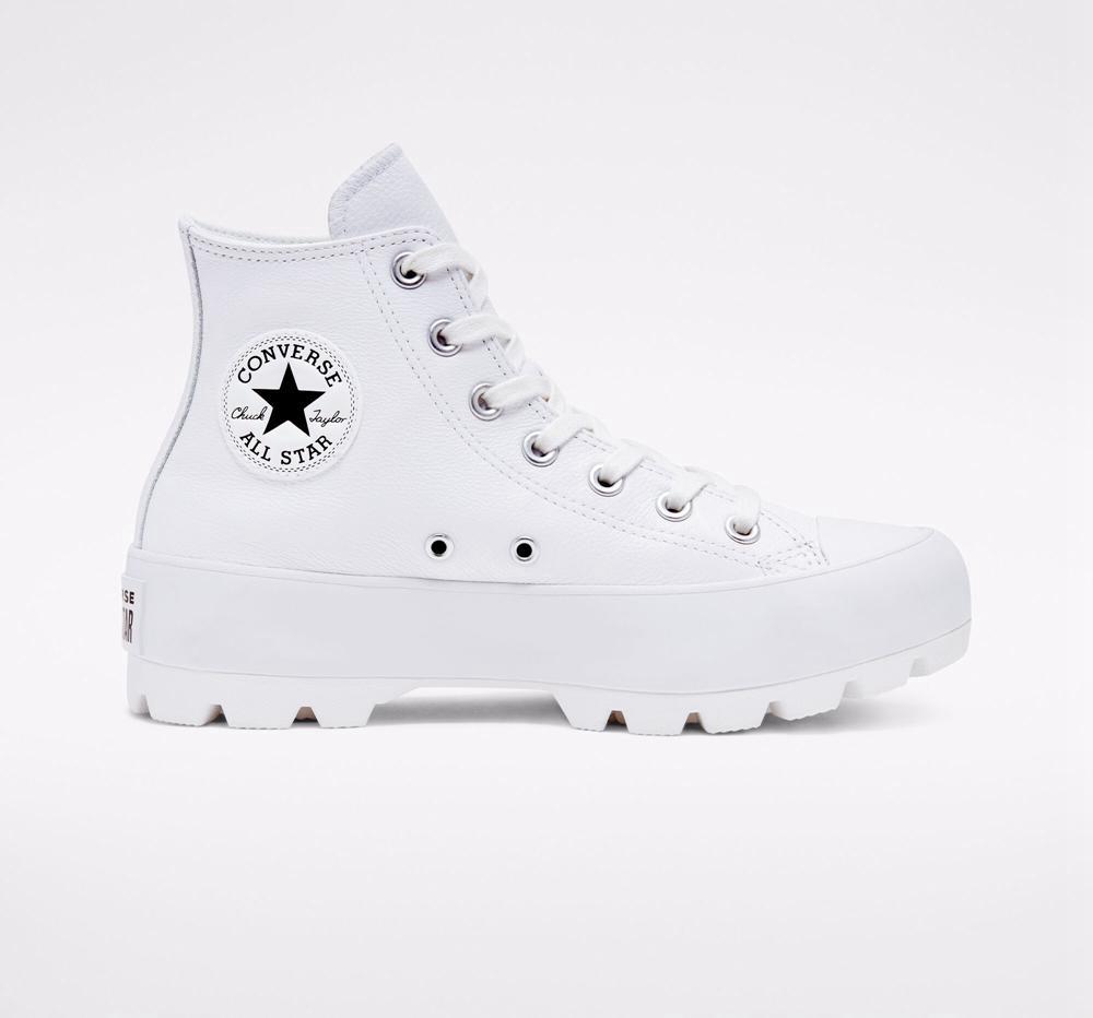 White / Black / White Women's Converse Chuck Taylor All Star Lugged Leather High Tops India | GMZE-24369