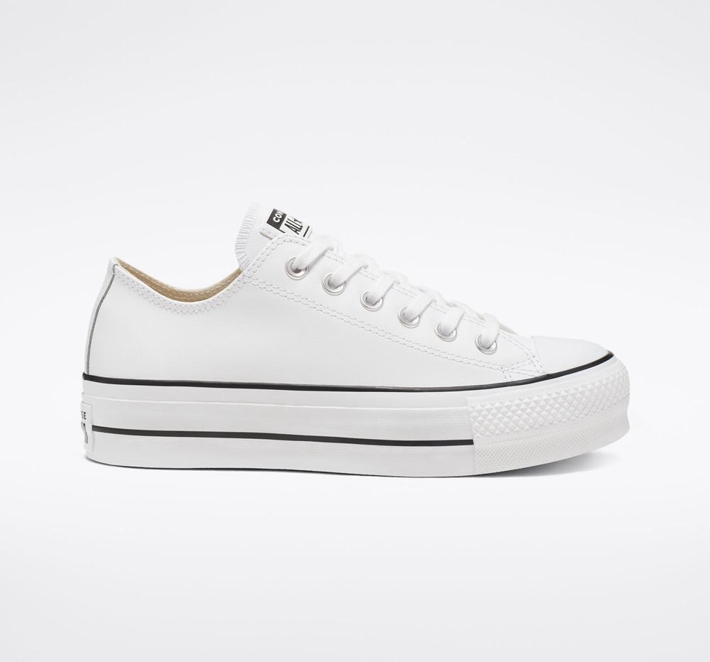 White / Black / White Women's Converse Chuck Taylor All Star Lift Leather Low Top Platform Shoes India | OIXQ-20765