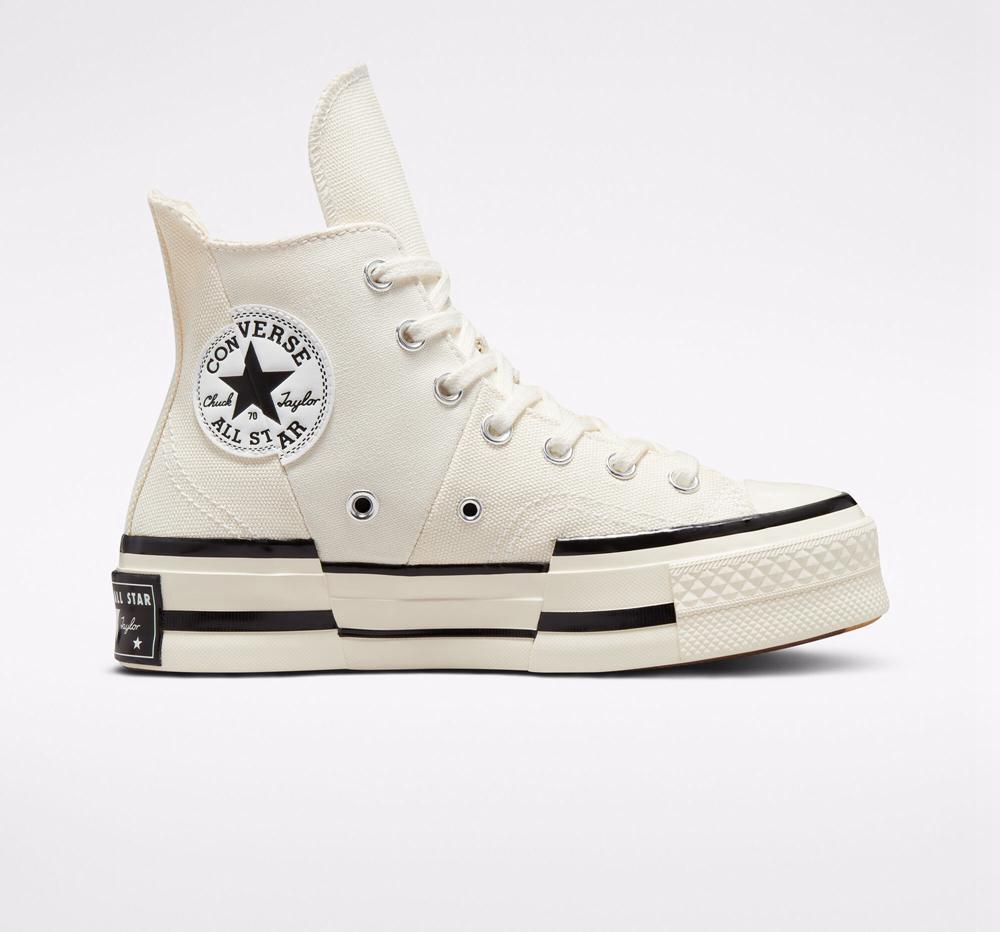 White Egret / Black / Black Men's Converse Chuck 70 Plus Unisex High Top Platform Shoes India | ZGKS-75963