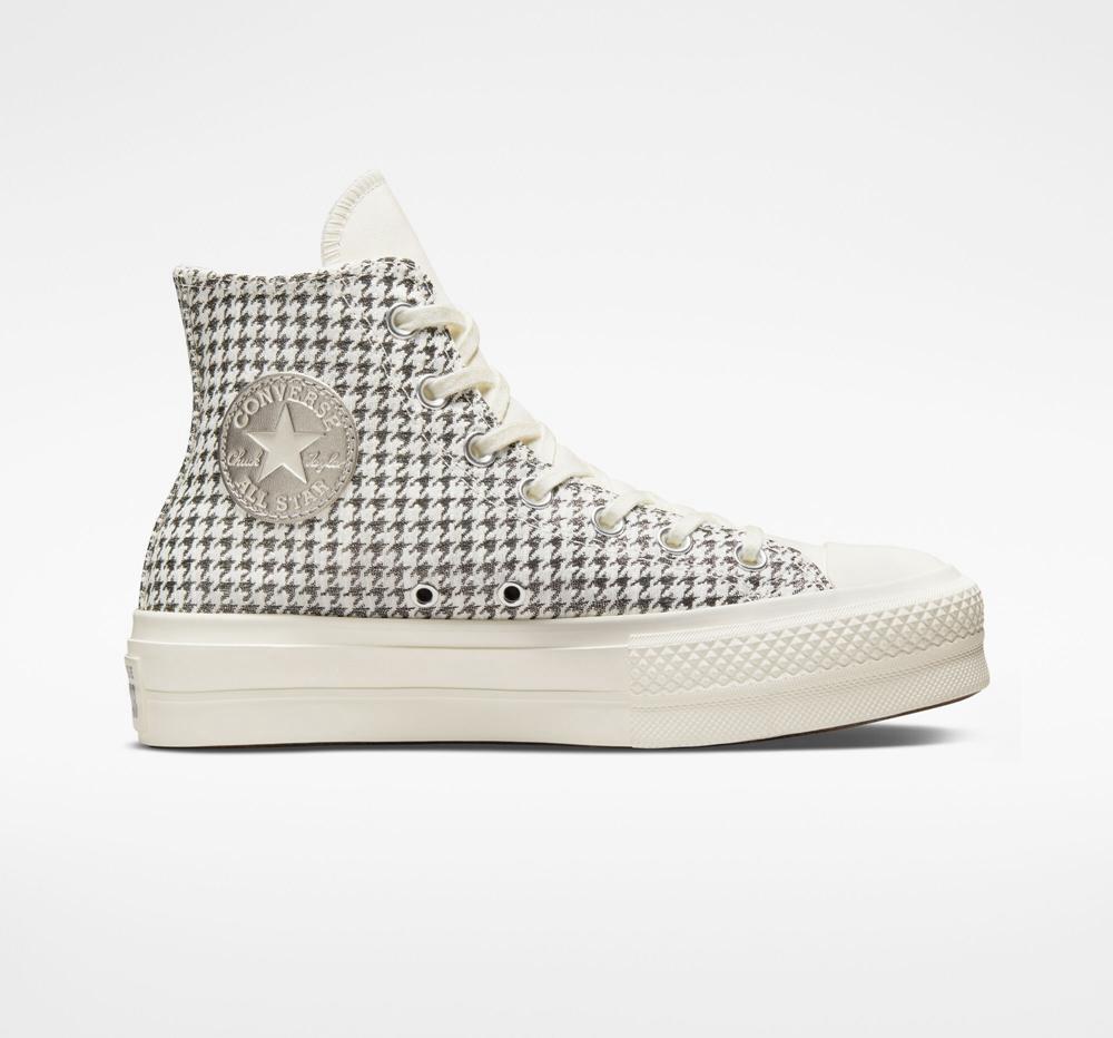 White Egret / Pure Silver Women's Converse Chuck Taylor All Star Lift Platform Houndstooth Shine High Tops India | TQWA-71364