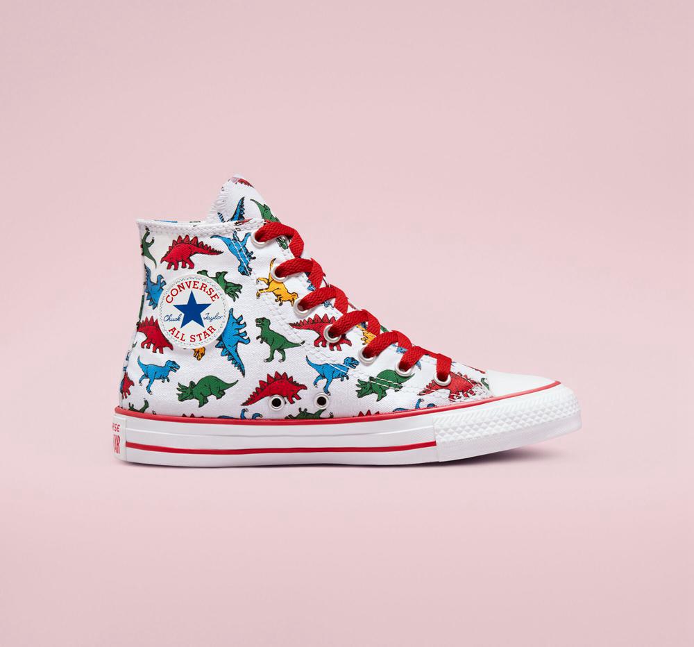 White / Enamel Red / Totally Blue Girls' Converse Chuck Taylor All Star Dinosaurs Big Kids High Tops India | QFRK-67084