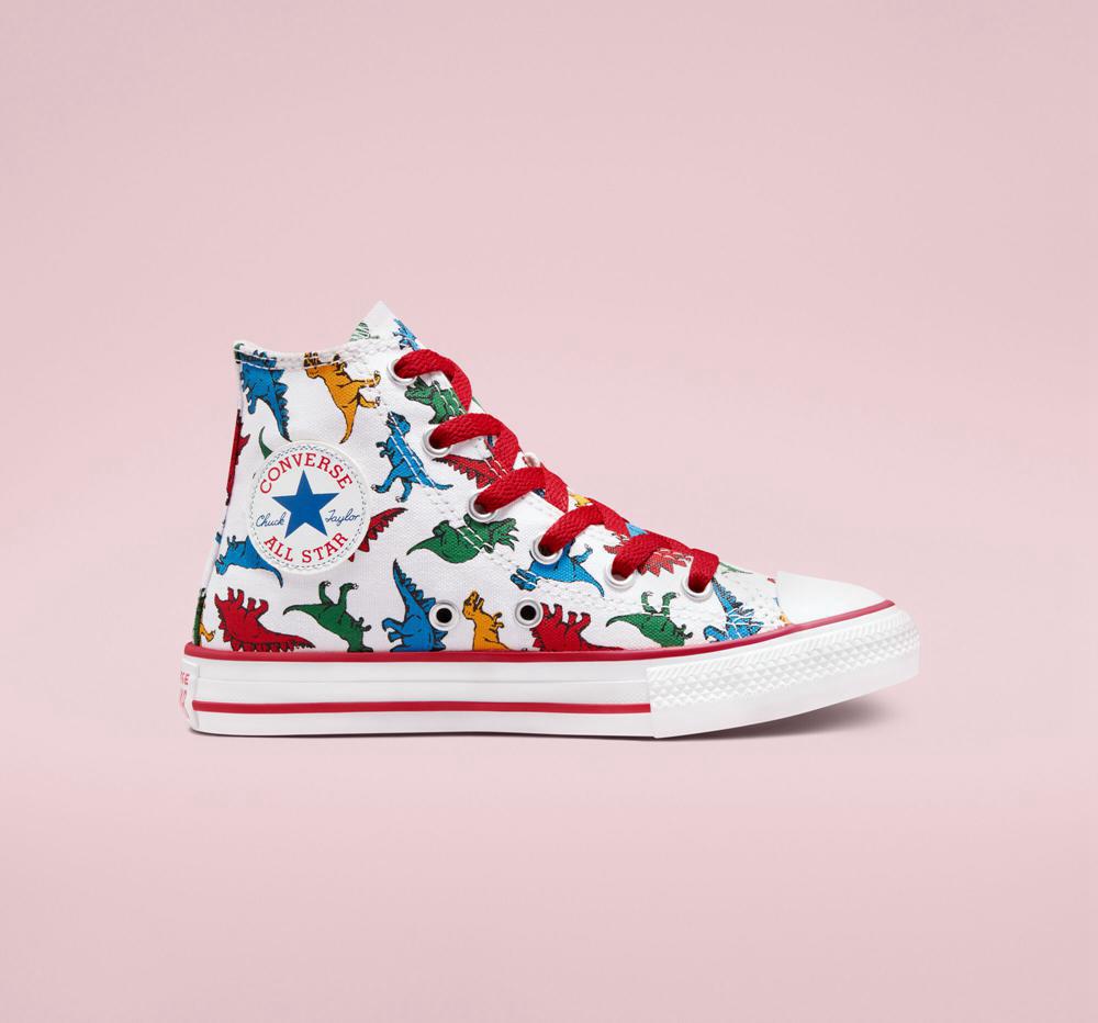 White / Enamel Red / Totally Blue Girls' Converse Chuck Taylor All Star Dinosaurs Little Kids High Tops India | RQPO-54260