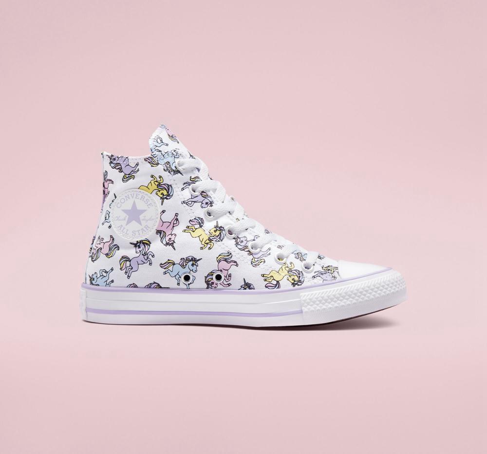 White / Moonstone Violet Boys' Converse Chuck Taylor All Star Unicorns Big Kids High Tops India | DINH-83409